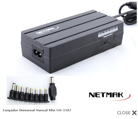 CARGADOR NOTEBOOK - 90W - VOLTAJE MANUAL - INCLUYE PIN HP Y LENOVO - NM-1187 - NETMAK